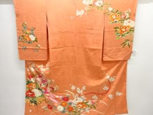 アンティーク　紋錦紗御所車に草花模様刺繍一ツ紋着物